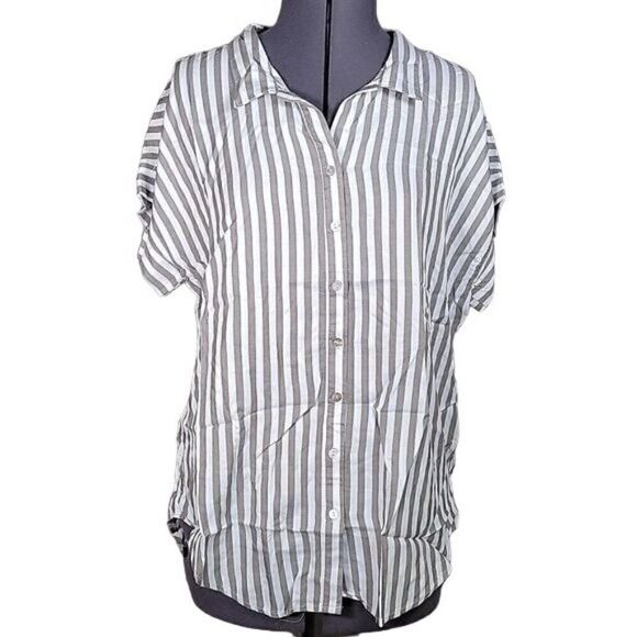 NWOT Denim & Co. Naturals Striped Button-Front Top - Picture 1 of 13